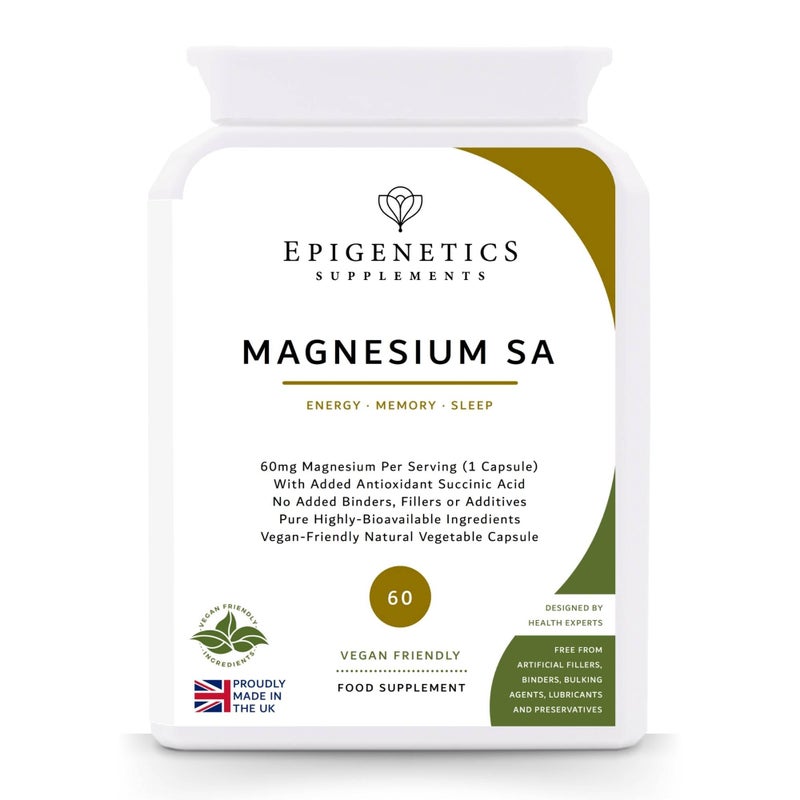 Magnesium SA | Magnesium Bisglycinate + Powerful Antioxidant Succinic Acid Blend | High Strength | 60 Vegan Capsules UK Made Supplements | Generous 2 Month Supply.